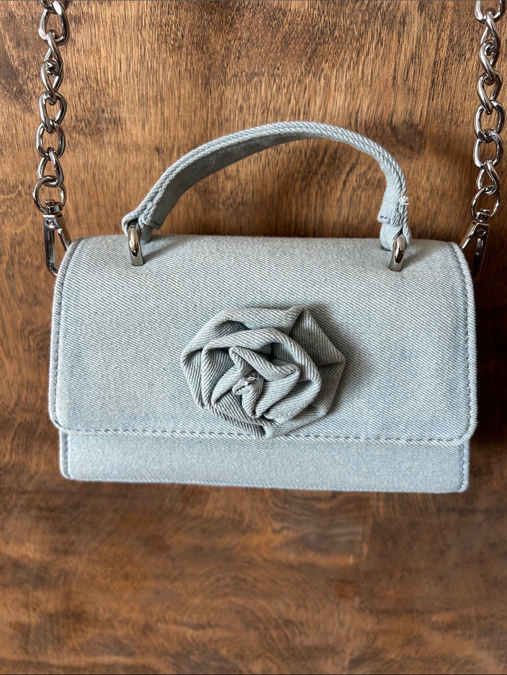 Madden NYC Light Blue denim bag with rose Accent Top-Handle Crossbody Bag